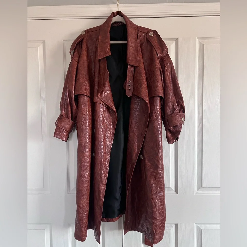 Nasty Gal Brown Oversized Faux Leather Croc Embossed Trench Coat XXL - Picture 4 of 12